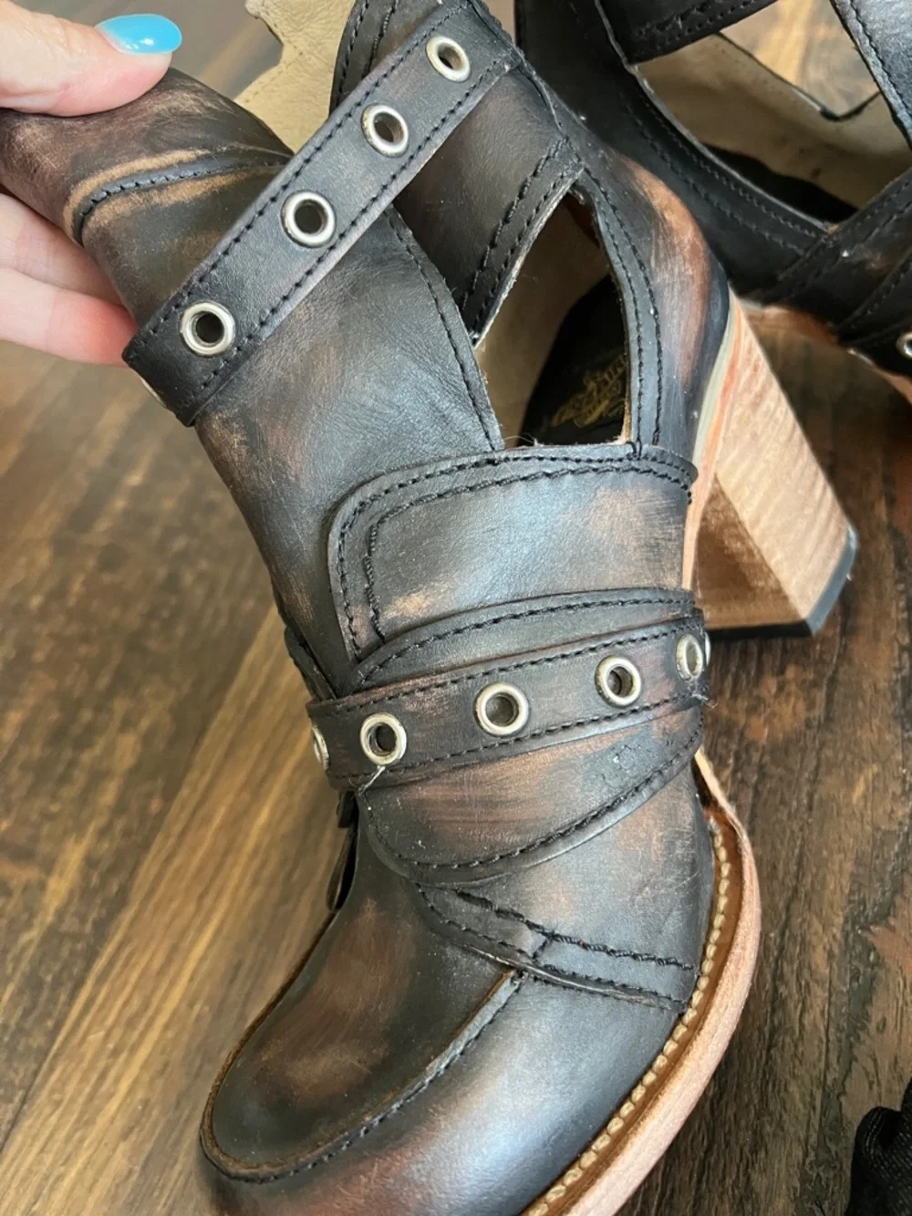Freebird by Steven Distressed Brown Leather Cutout Heeled Booties - Picture 9 of 9